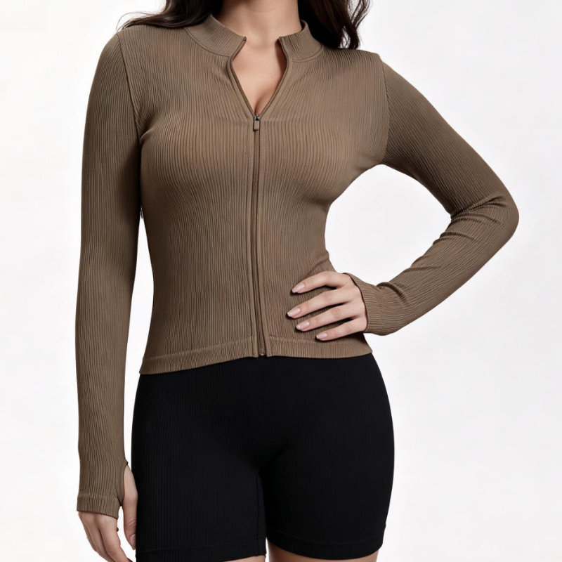 Women Ribbed Long Sleeve Zip U - Yoga Of Fitness ulasan dan harga